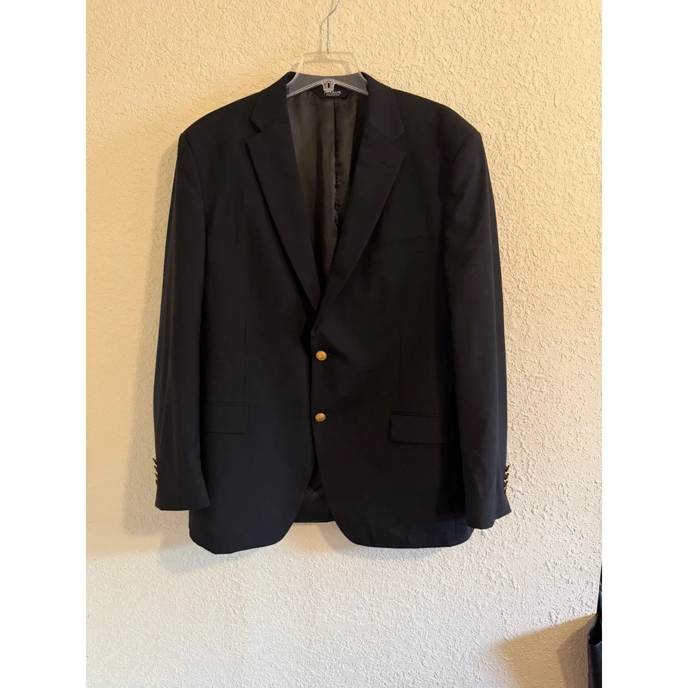 Jos A Bank Executive Mens 46 Long Black 100% Wool 2‎ Button Blazer Gold Button